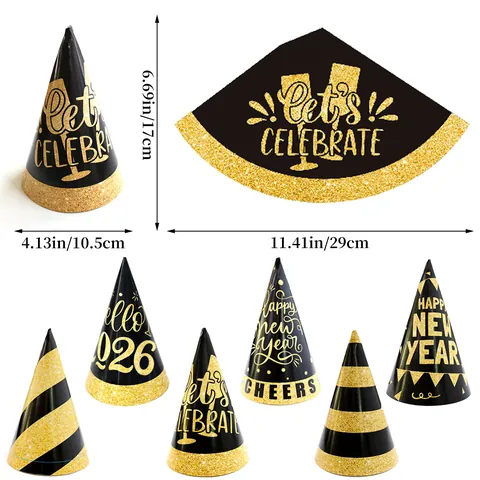 Happy New Year 2026 Party Cone Hats Black Gold Glitter Printed Paper Birthday Celebration Decoration Hats For Kids Adults