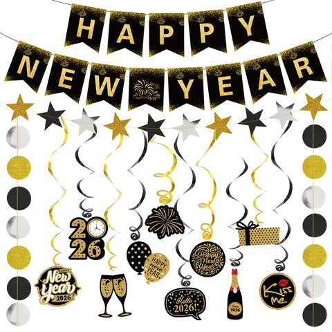 2026 Happy New Year Decorations Black Gold Fireworks Banner Star Circle Garland Hanging Swirls For New Year Eve Party