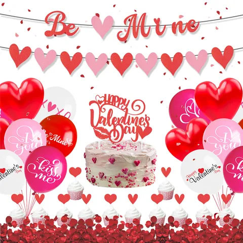 Valentine's Day Party Decoration Be Mine Glitter Banner Happy Valentine's Day Cake Toppers Heart Latex Balloons Rose Petals Anniversary Wedding Supplies