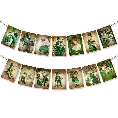 Victorian St. Patrick's Day Paper Banner Vintage Irish Shamrock Bunting Garland For Festival Party Home Decor Wall Hanging