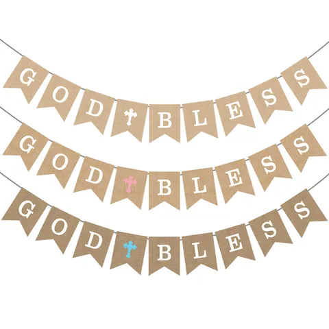 Rustic Burlap God Bless Banner Cross Garland For Baby Shower Baptism Holy Communion Decoration Party Bunting Banner Supplies