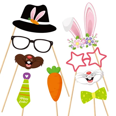 Conjunto de Accesorios para Fotos de Fiesta de Pascua Papel Conejo Huevo Zanahoria Gafas Corbata Decoración de Eventos