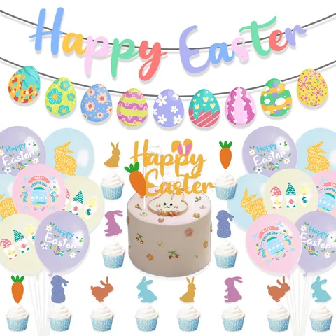 Happy Easter Party Decoration Bunny Egg Gnome Print Latex Balloons Cake Toppers Paper Banner Garland Hanging Swirls