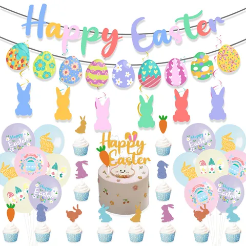 Easter Party Decoration Happy Easter Banner Balloon Rabbit Cake Topper Hanging Swirl Home School Festive Ornament