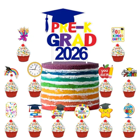 Pre-K Grad 2026 Cake Toppers Rainbow Graduation Cap Cupcake Picks For Kindergarten Graduation Party Decorations Paper Cake Inserts