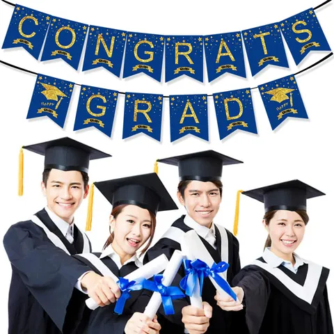Congrats Grad Graduation Banner Glitter Swallowtail Bunting Flag For Graduation Party Decorations Paper Hanging Garland