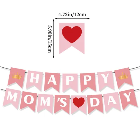 Happy Mother's Day Banner Pink Swallowtail Pull Flag With Crown Heart Theme Paper Decorations For Festive Home Party Decor