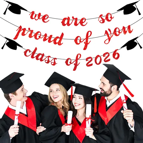 Banner di Laurea Classe 2026 Glitter Rosso We Are So Proud Of You Banner Tocco di Laurea Stella Decorazioni per Feste