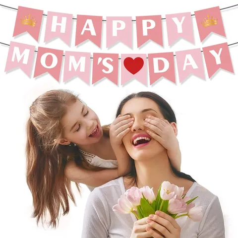 Happy Mother's Day Banner Pink Swallowtail Pull Flag With Crown Heart Theme Paper Decorations For Festive Home Party Decor