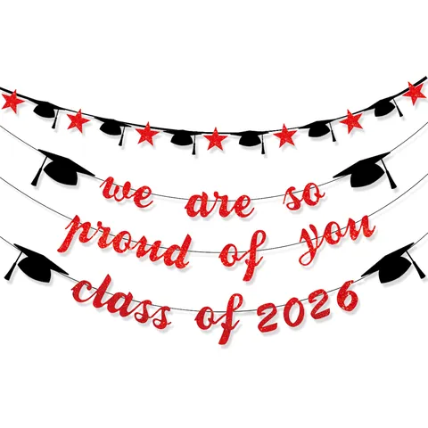 Banner di Laurea Classe 2026 Glitter Rosso We Are So Proud Of You Banner Tocco di Laurea Stella Decorazioni per Feste
