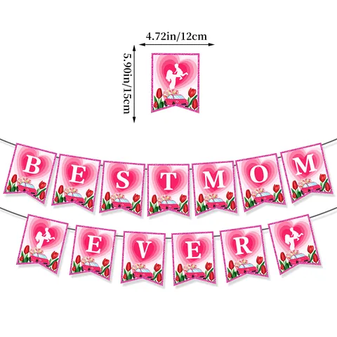 Mother's Day Party Decoration Set Best Mom Ever Paper Banner Pink Heart Swallowtail Flag Hanging Spiral Swirls For Mother