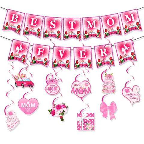 Mother's Day Party Decoration Set Best Mom Ever Paper Banner Pink Heart Swallowtail Flag Hanging Spiral Swirls For Mother