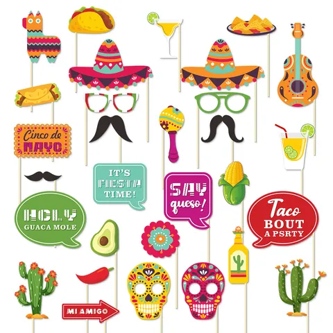 Mexican Fiesta Paper Photo Booth Props For Cinco De Mayo Party Decorations Taco Cactus Sombrero Mustache Supplies