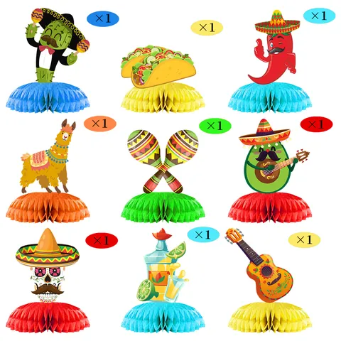 Mexican Fiesta Honeycomb Centerpieces For Cinco De Mayo Party Decoration Paper Table Ornaments With Cactus Sombrero Patterns