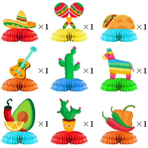 Mexican Fiesta Honeycomb Centerpieces For Cinco De Mayo Party Decoration Paper Table Ornaments With Cactus Sombrero Patterns