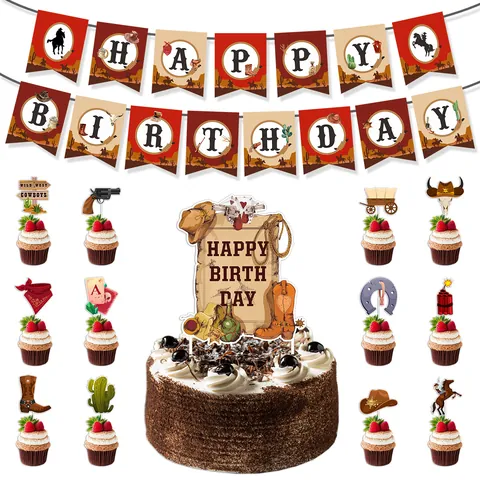 Decorazioni per Feste di Compleanno Western Cowboy Banner Spirali Cake Toppers Palloncini Tema Wild West Forniture per Feste di Compleanno per Bambini