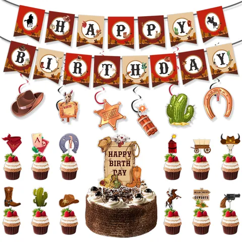 Decorazioni per Feste di Compleanno Western Cowboy Banner Spirali Cake Toppers Palloncini Tema Wild West Forniture per Feste di Compleanno per Bambini