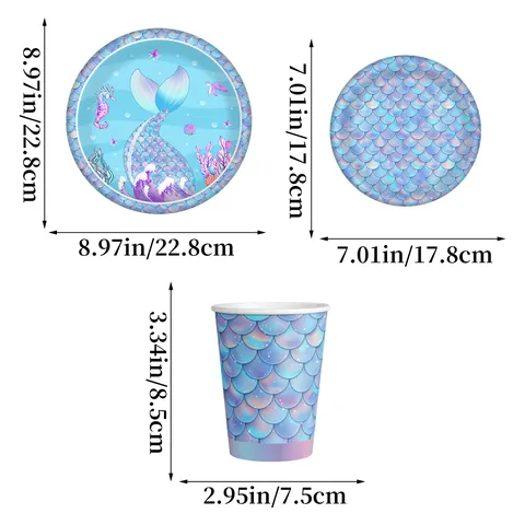Stoviglie Usa e Getta Compleanno Tema Sirena Motivo Squame Piatti di Carta Bicchieri Coltelli Forchette Cucchiai Plastica