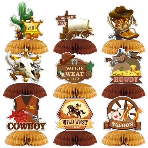 Cowboy Western Party Honeycomb Centerpieces Wild West Table Decorations Retro Sheriff Badge Cactus Wagon Desktop Paper Decor For Birthday Party