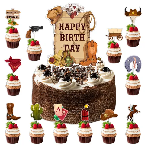 Western Cowboy Birthday Cake Topper Set Vintage Wild West Theme Cupcake Toppers For Birthday Party Decoration Paper Cake Insert Party Supplies