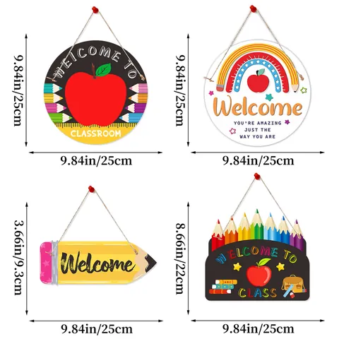 Back To School Welcome Door Sign Paper Hanging Tag Classroom Decoration Pencil Apple Rainbow Design For Students Teachers