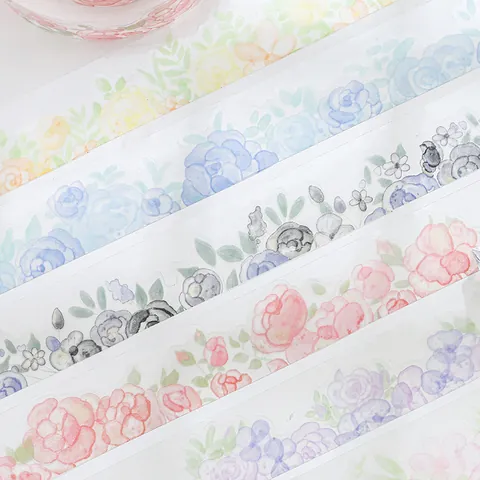 Watercolor Floral PET Decorative Tape Vintage Flower Washi Tape Die-cut For Scrapbooking DIY Crafts Hand Account Decoration