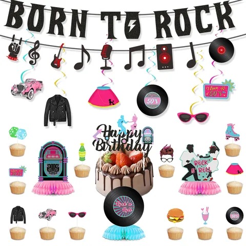 50er Jahre Rock n Roll Motto Geburtstag Party Dekoration Kollektion Born To Rock Banner Kuchen Deko Wirbel Retro Musik Party Dekor