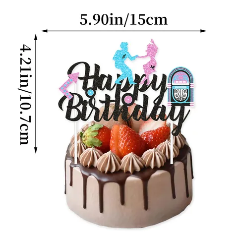 1950s Retro Rock Theme Happy Birthday Cake Topper With Jukebox Dancing Couple Glitter Paper Decoration For Party