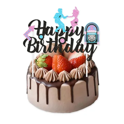 1950s Retro Rock Theme Happy Birthday Cake Topper With Jukebox Dancing Couple Glitter Paper Decoration For Party