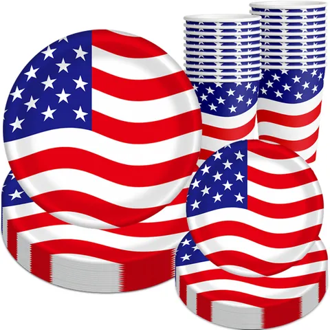 Vaisselle de Fête du Jour de l'Indépendance Motif Drapeau USA Assiettes en Papier Jetables Gobelets Couteaux Fourchettes Cuillères pour Célébration du 4 Juillet