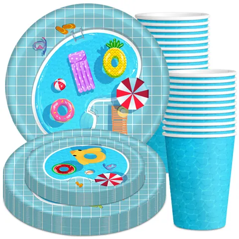 Set Stoviglie Usa e Getta in Carta per Pool Party Estivo Tema Tropicale Hawaiano Piatti di Carta Bicchieri Posate in Plastica Forniture per Compleanno