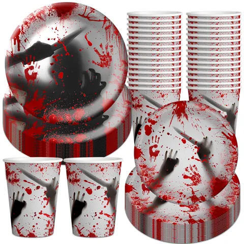 Σετ Επιτραπέζιων Σκευών Πάρτι Μιας Χρήσης Halloween Ματωμένο Αποτύπωμα Χεριού Χάρτινα Πιάτα Ποτήρια Πλαστικά Μαχαιροπίρουνα