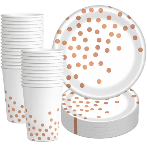 Stoviglie per Feste Usa e Getta a Pois Oro Rosa Piatti di Carta Bianchi Bicchieri Coltelli Forchette Cucchiai per Compleanno Matrimonio Celebrazione