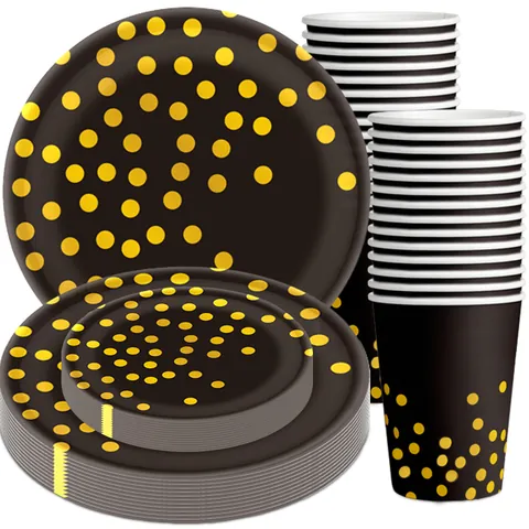 Gold Polka Dot Disposable Tableware Set Paper Plates Cups Plastic Knives Forks Spoons For Birthday New Year Graduation Party Decorations