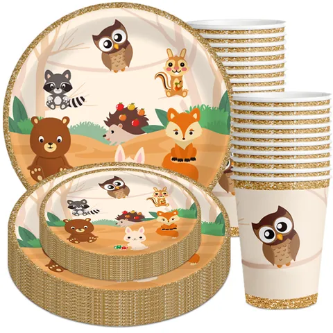 Woodland Animal Party Tableware Jungle Theme Disposable Paper Plates And Cups Brown Cutlery For Kids Birthday Decorations