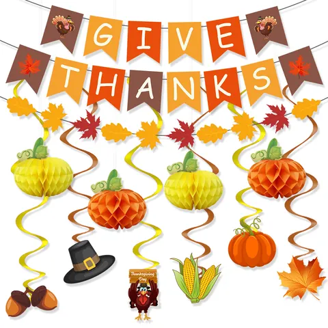 Thanksgiving Decorations Give Thanks Banner Maple Leaf Garland Pumpkin Honeycomb Hanging Swirls For Autumn Harvest Decor