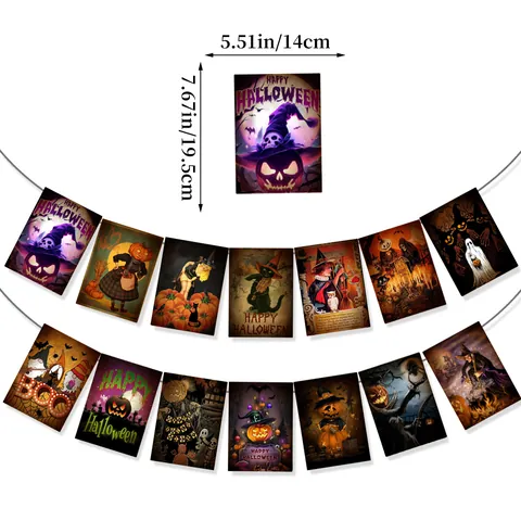 Banner de Halloween Vintage Victoriano Guirnalda de Papel Decoración de Fiesta Con Patrones de Calabaza Bruja Gato Negro Fantasma