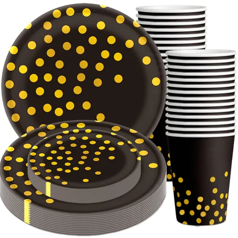 Service de Vaisselle Jetable à Pois Or Assiettes en Papier Gobelets Couteaux Fourchettes Cuillères en Plastique pour Anniversaire Nouvel An Décoration