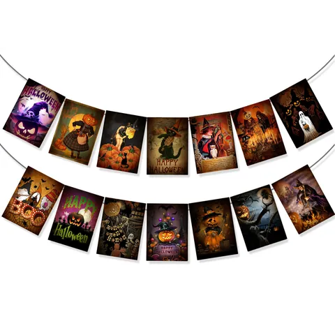 Banner de Halloween Vintage Victoriano Guirnalda de Papel Decoración de Fiesta Con Patrones de Calabaza Bruja Gato Negro Fantasma