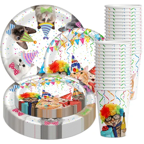 Ensemble Vaisselle Jetable Anniversaire Thème Chat Assiettes Papier Gobelets Couverts Plastique pour Décoration de Fête