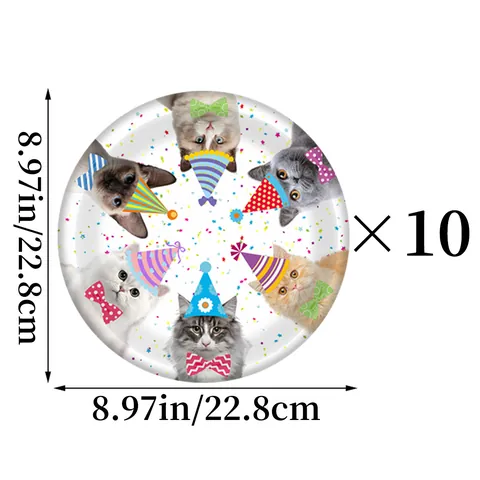 Ensemble Vaisselle Jetable Anniversaire Thème Chat Assiettes Papier Gobelets Couverts Plastique pour Décoration de Fête