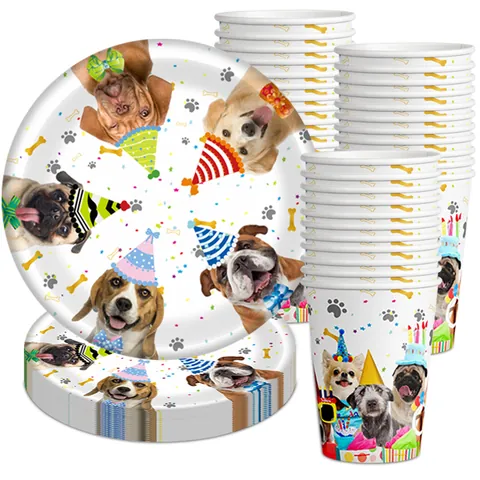 Stoviglie per Feste di Compleanno a Tema Cane Cartone Animato Piatti Bicchieri Posate di Plastica Rosso Rosa Decorazioni