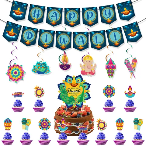 Happy Diwali Party Decorations Set Blue Paper Banner Cake Toppers Hanging Swirls Festival Of Lights Indian Traditional Celebration Supplies