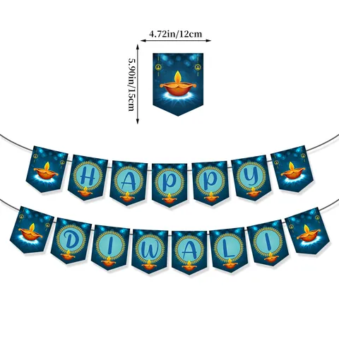 Happy Diwali Party Decorations Set Blue Paper Banner Cake Toppers Hanging Swirls Festival Of Lights Indian Traditional Celebration Supplies
