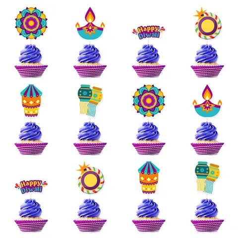 Happy Diwali Cupcake Toppers Paper Cake Picks Mandala Diya Fireworks Lantern Indian Festival Party Cake Decorations