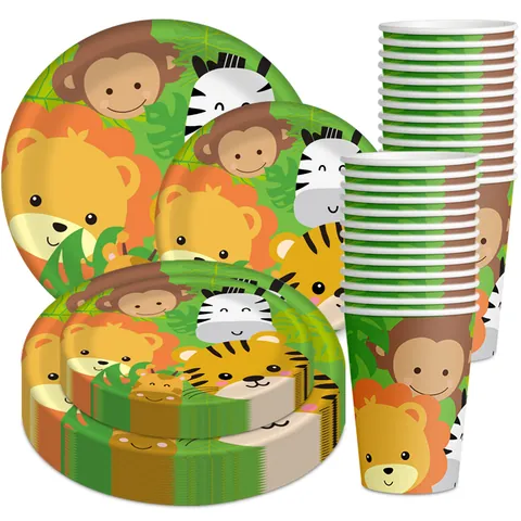 Jungle Safari Thema Verjaardag Feest Wegwerpservies Cartoon Dier Papieren Bord Beker Groen Plastic Mes Vork Lepel
