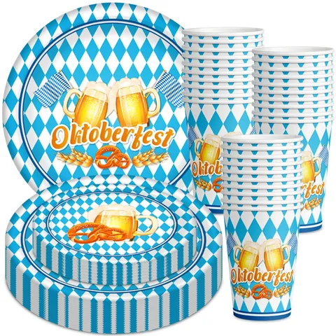 Stoviglie per Festa Oktoberfest Motivo Scacchi Blu Bianco Bavarese Piatti Bicchieri di Carta Usa e Getta Posate in Plastica