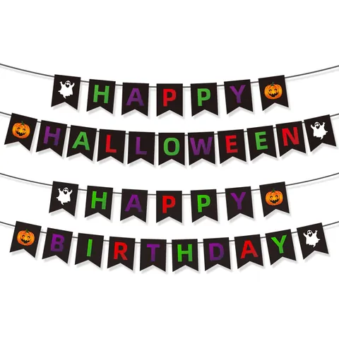 Halloween Birthday Party Banner Colorful Ghost Pumpkin Jack-O-Lantern Happy Birthday Bunting Hanging Decoration Paper Banner