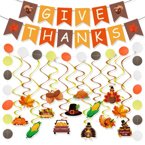 Thanksgiving Party Decoration Set Give Thanks Banner Latex Balloons Cupcake Toppers Hanging Swirls Harvest Theme Party Decor