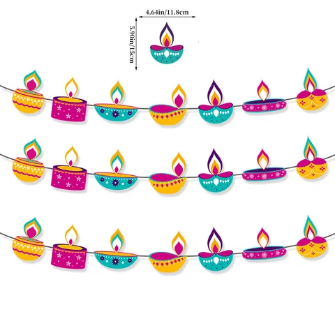 Happy Diwali Decoration Diya Candle Oil Lamp Paper Banner Garland Indian Festival Party Home Wall Decor Colorful Bunting